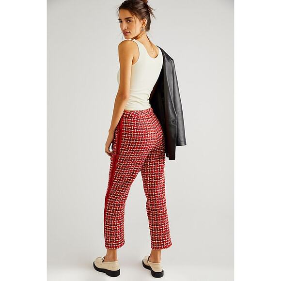 New Free People Anna Sui Neo Plaid Houndstooth Mid-Rise Pants $504 SIZE 2 Red - Picture 3 of 3